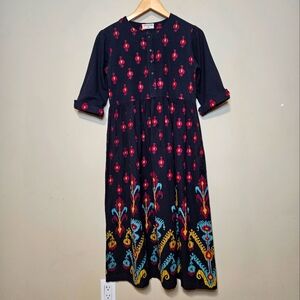 Bombay Paisley Floral Boho Maxi Dress Cotton Linen Navy Blue Button Front S XS